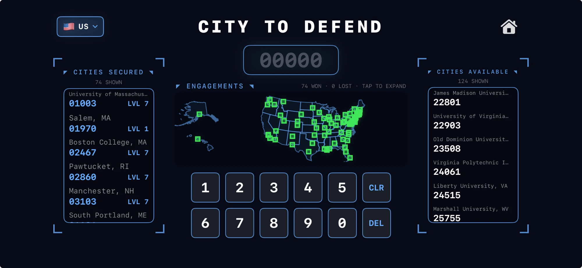 Earth Corps: Homefront City to Defend screen, showing secured and available cities by zip code on a US map